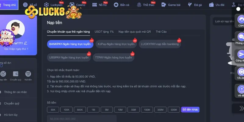 Hướng dẫn nạp tiền LUCK8 bằng cách ngân hàng